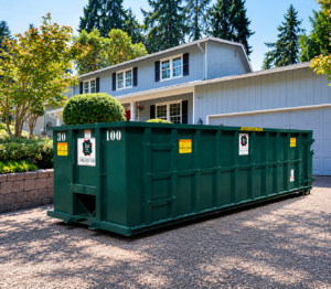 Residential roll-off dumpster in a driveway for a back-to-school cleanout