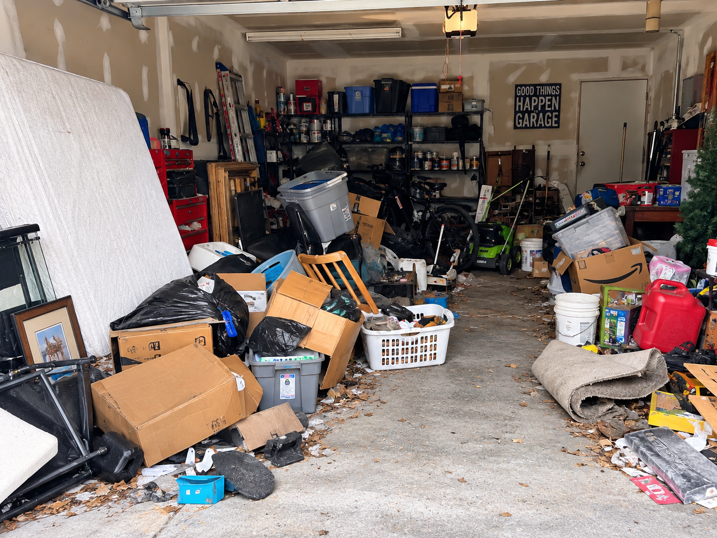 Post-summer home decluttering in a garage