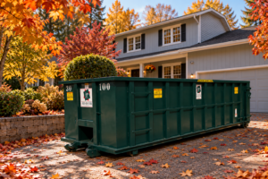 Roll-off dumpster in a driveway surrounded by fall leaves